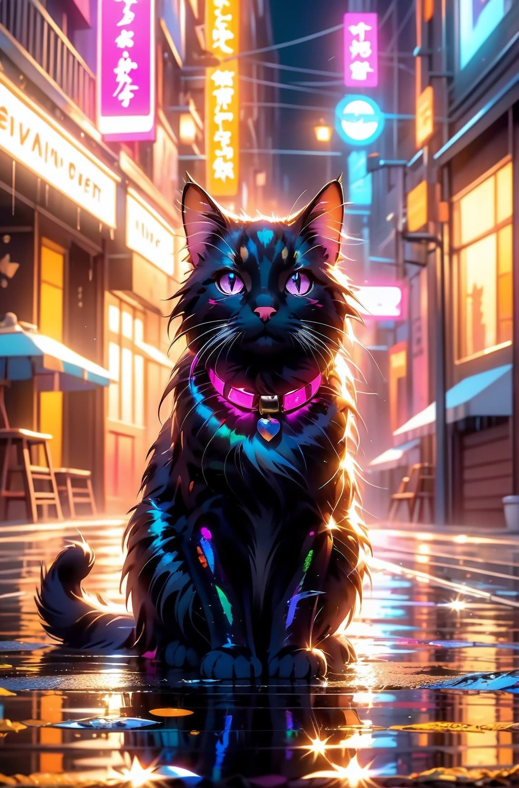 AI generated: (cat in the streets of city:1.2), neon lights, (water puddles with reflections:1.3), dirty, reflecti...