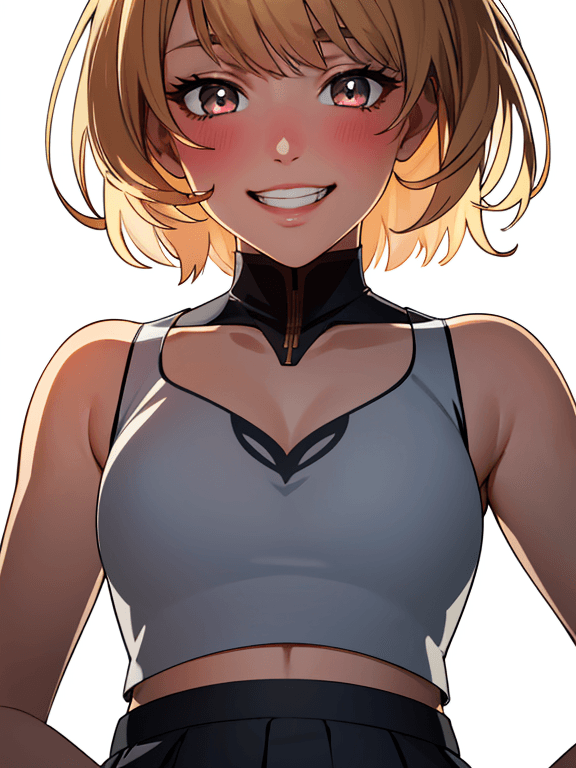 AI generated:  realistic,portrait, 1girl, crop top, blonde hair, dark eyes, glowing eyes,skirt, parted lips, blush...