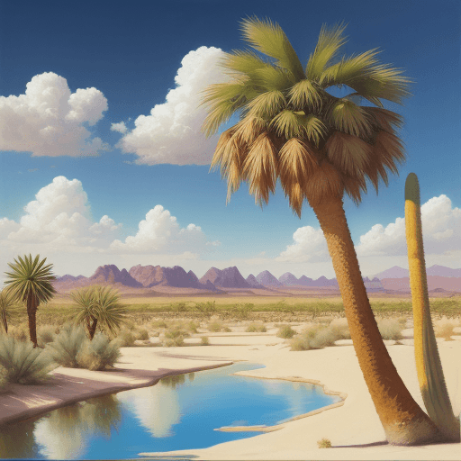 AI generated: Realistic oil painting on canvas of a desert oasis with palm trees and sunny clouds.