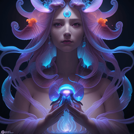AI generated: Goddess close-up portrait ribcagel. jellyfish phoenix head, nautilus, orchid, skull, betta fish, bio...