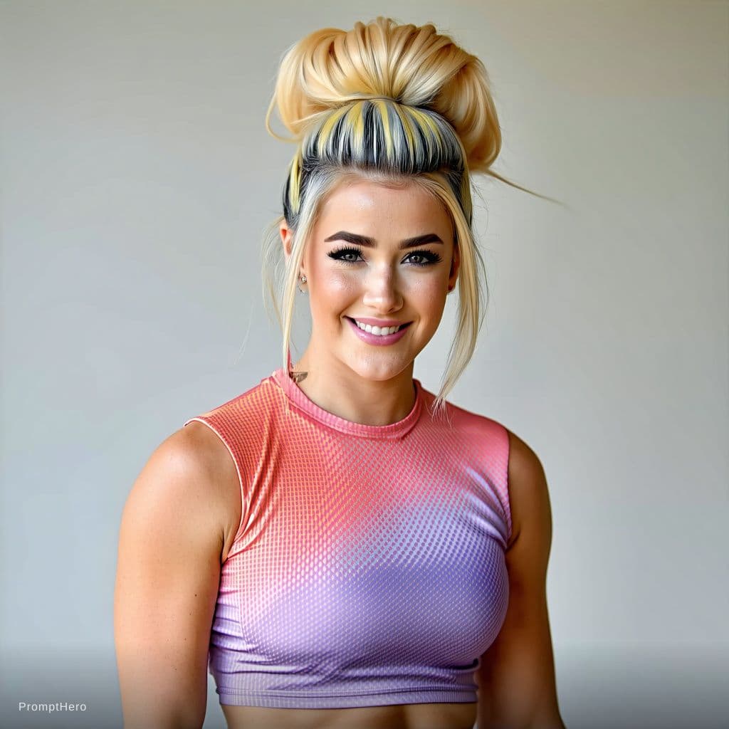 AI generated: Young woman (20) with blonde, dyed updo, wearing a colorful lace garter and a sexy smile. Medium boo...