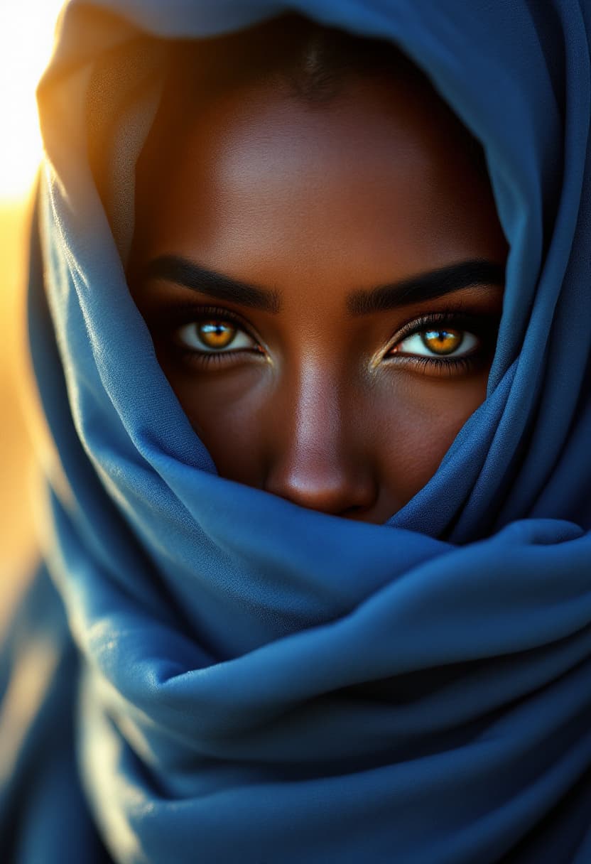 AI generated: A regal Touareg woman's eyes pierce through a soft, flowing indigo blue veil under golden light. Her...