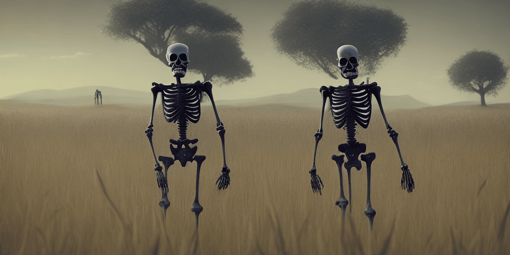 AI generated: a creepy looking skeleton standing in a field, a character portrait by Mike Winkelmann, cgsociety co...