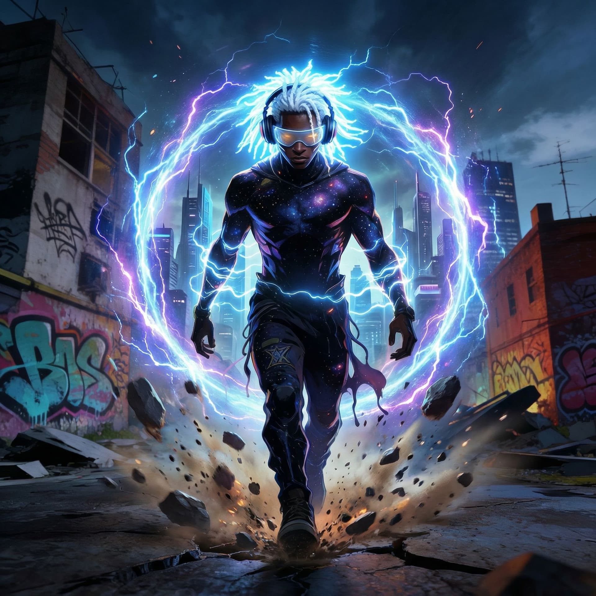 AI generated: full body front view of a 3d illustrated african american superHERO with white glowing short dreadlo...