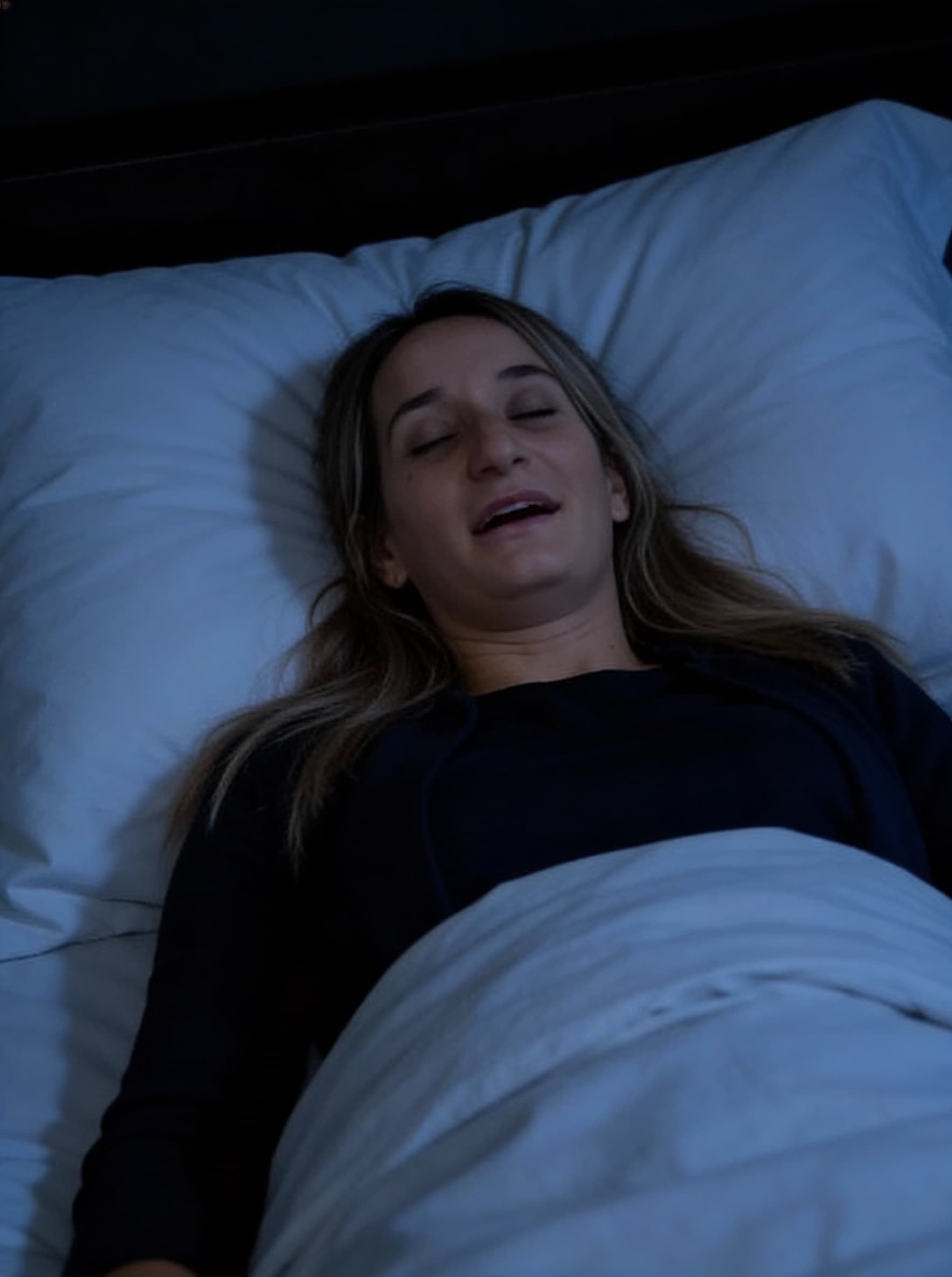 AI generated:  full body, in her bed at night. Her eyes are closed and her mouth is slightly open.
