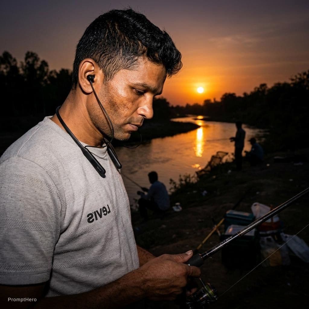 AI generated: Dark theme with river corner and sun set fishing
