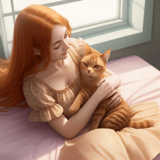 AI generated: girl in her 20s wearing colorful summer dress lies on a big bed with her young ginger cat in a corne...