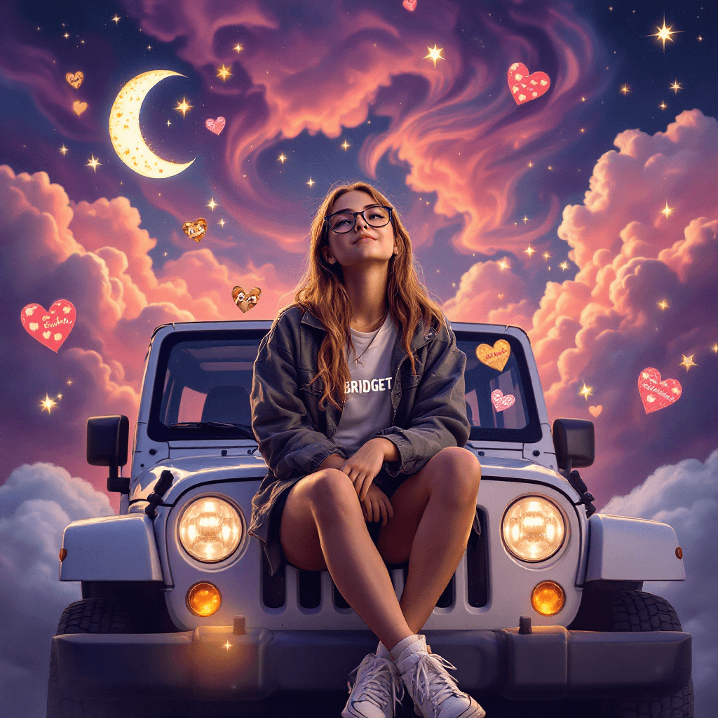 AI generated: realistic picture of girl with eyeglasses wearing casual with name BRIDGET sitting on the hood of a ...