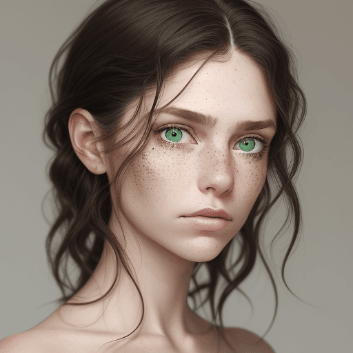 AI generated: portrait of a woman with green eyes, light freckles, and dark hair styled in loose tendrils. She has...