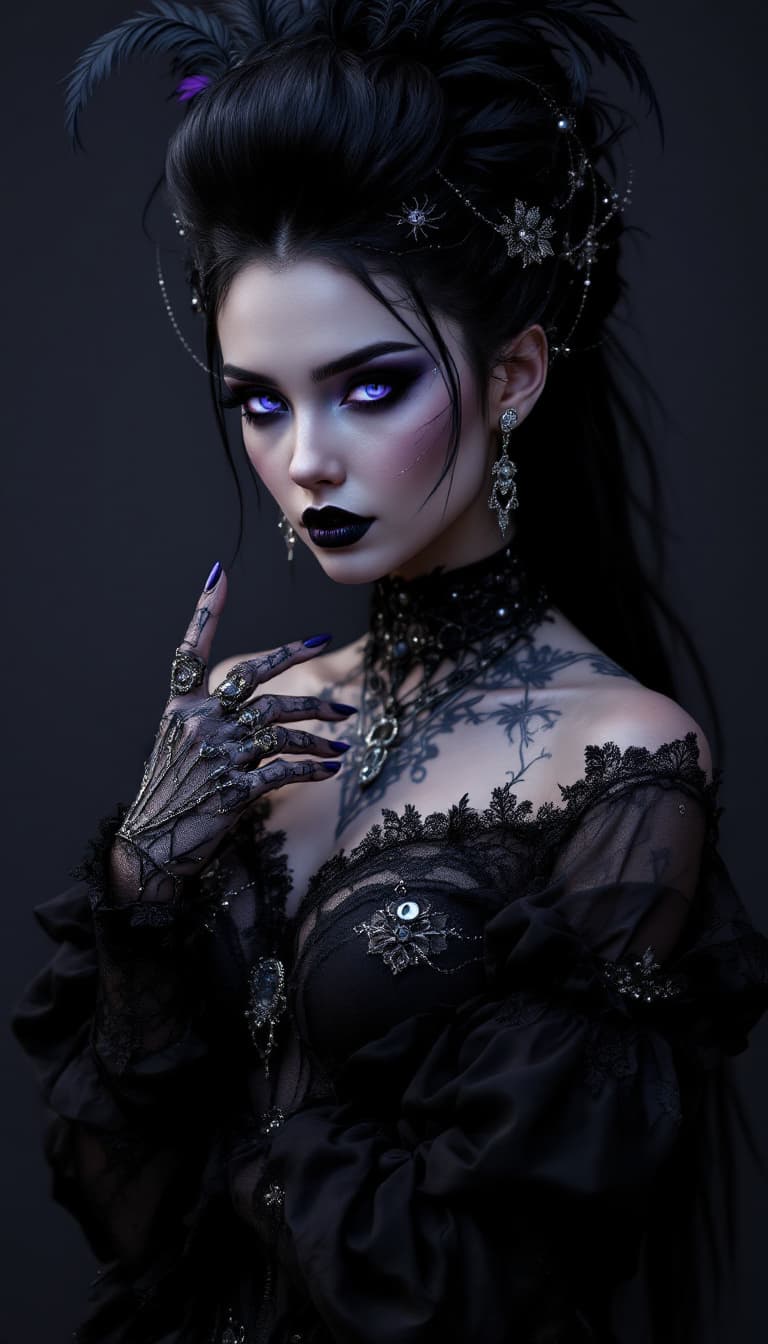 AI generated: An ultra-realistic, full-body portrait of a captivating gothic illusionist woman, radiating dark cha...