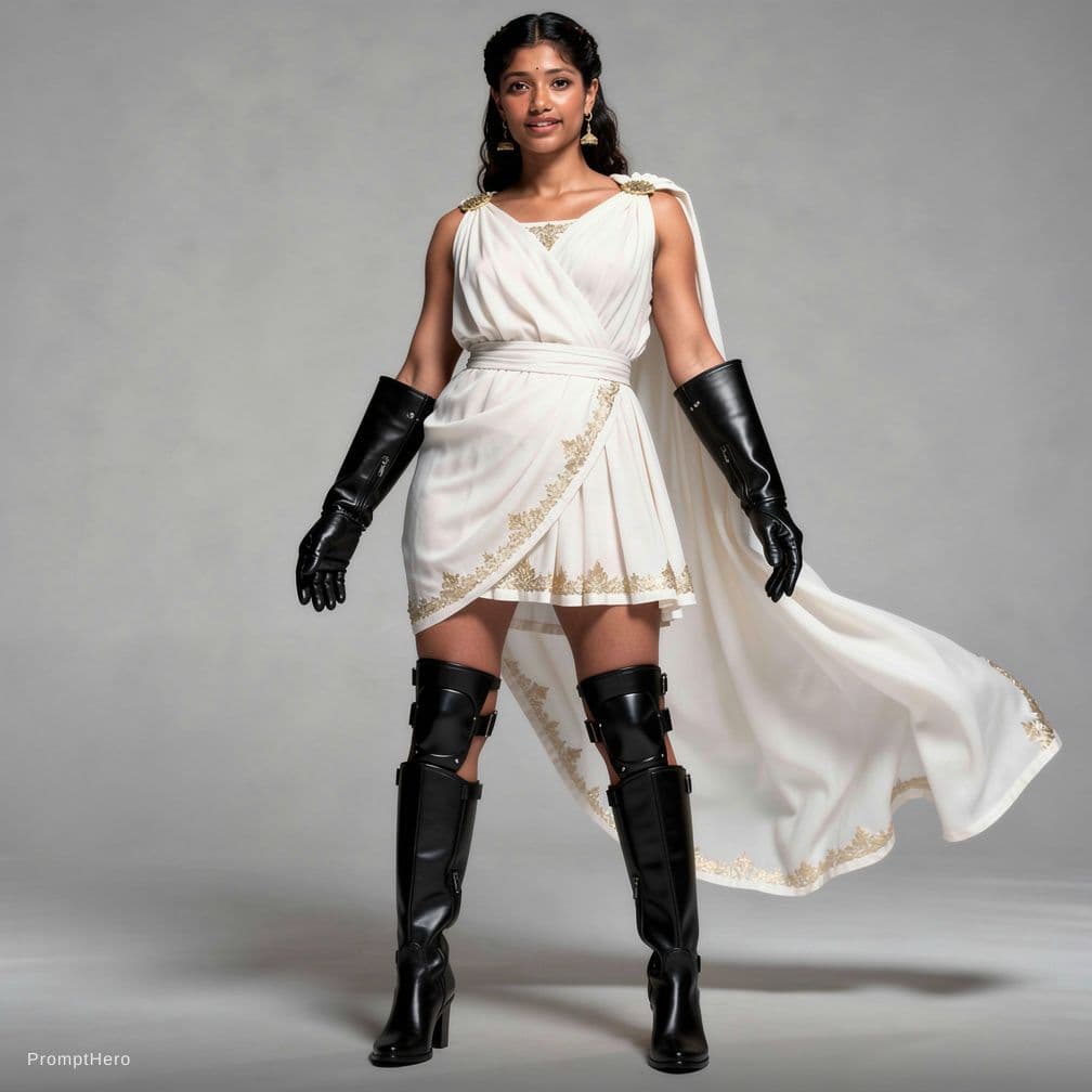 AI generated: A strong and elegant suggestive Greek woman stands in a dynamic pose. She wears a traditional ancien...