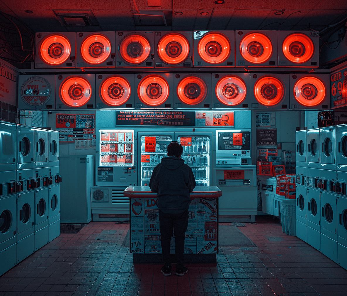 AI generated: man is sitting behind a counter in a laundromat, in the style of canon eos 5d mark iv, casey weldon,...