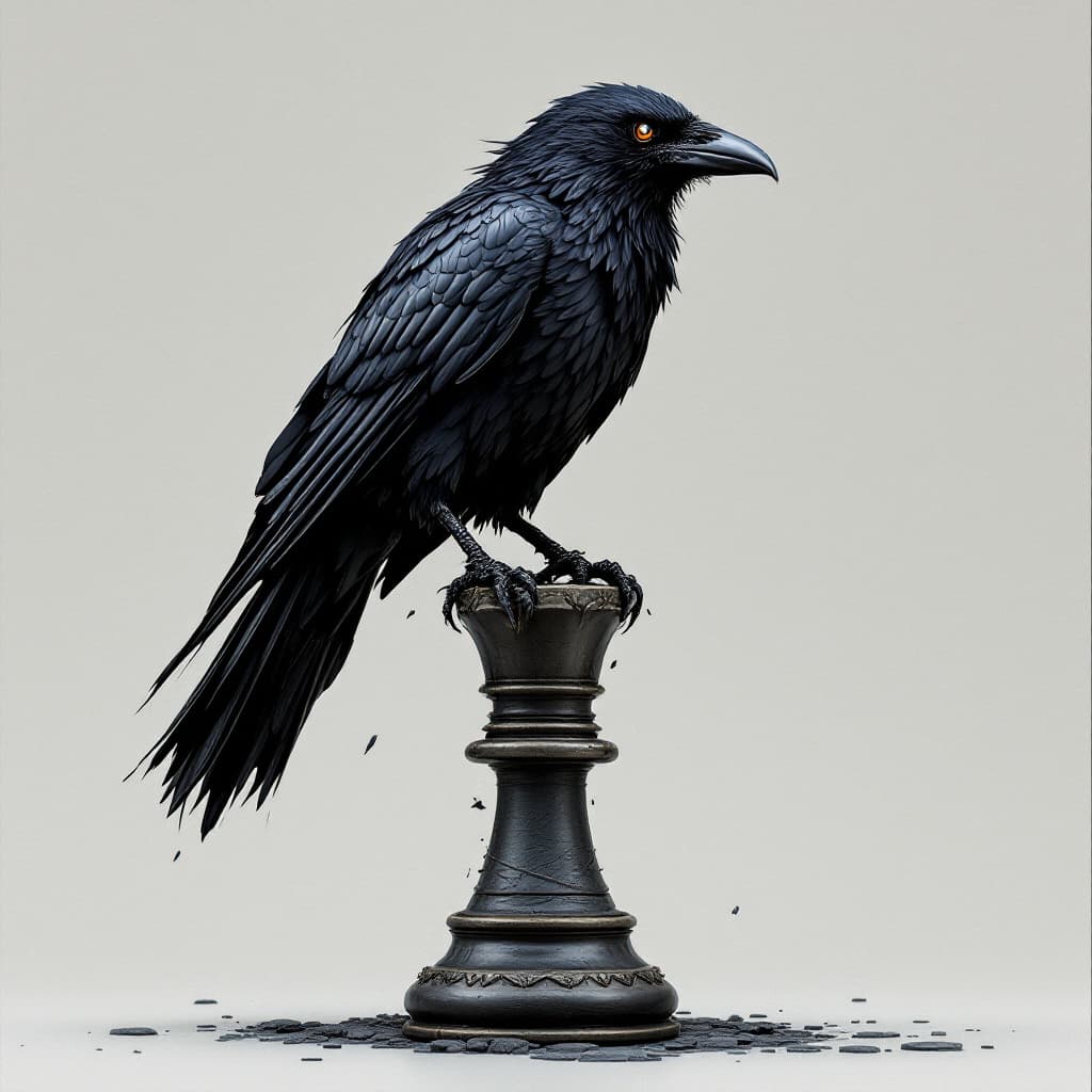 AI generated: cursed noble crow,on top of quenn chess figure