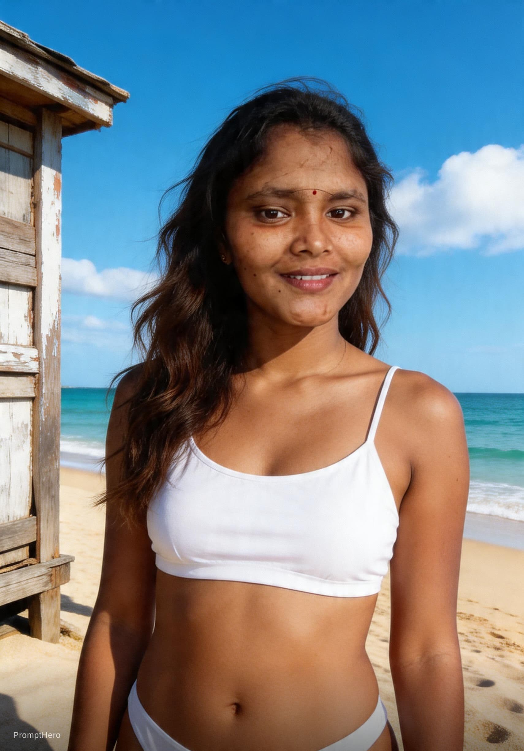 AI generated: realistic cinematic image with dark shadows and high contrast,

A fit 28yo woman standing on a sandy...