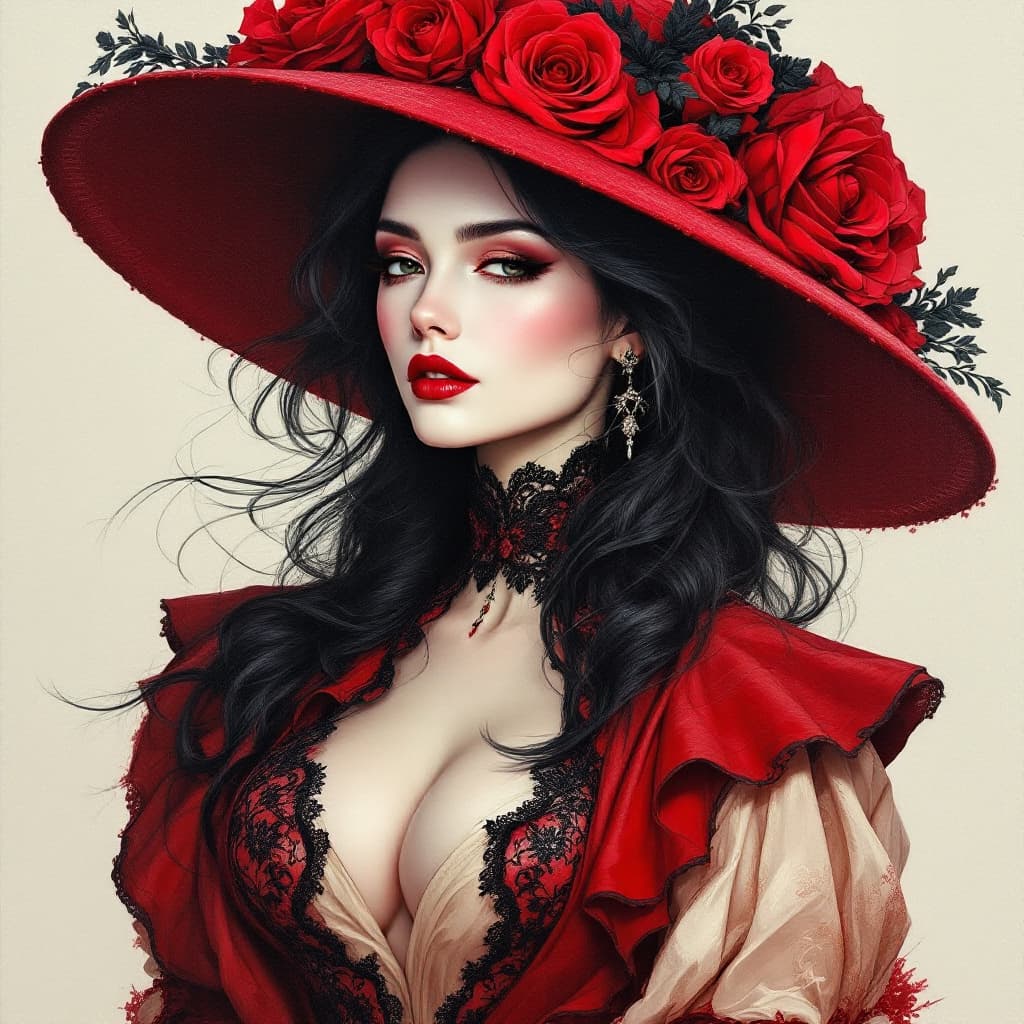 AI generated: A regal woman with pale white skin, deep red lips, and flowing black hair, wearing a luxurious wide-...
