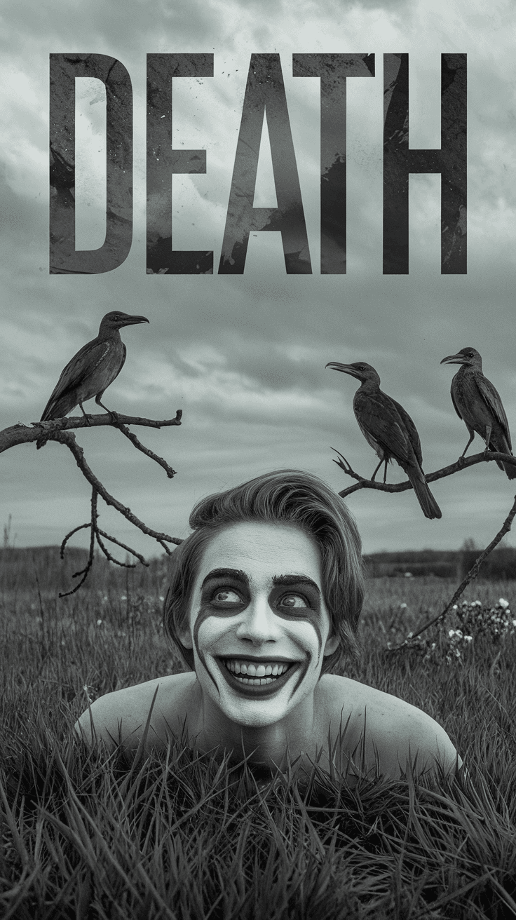 AI generated: fake happy,death,creepy birds,,mind is a prison, ‘death’ typography bold characters on top,weirdcore...