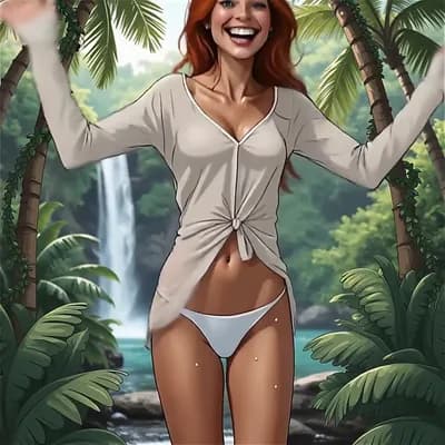 AI generated video: She jumps and down excitedly, smiling and waving, then turns and walks slowly away, blowing a kiss o...