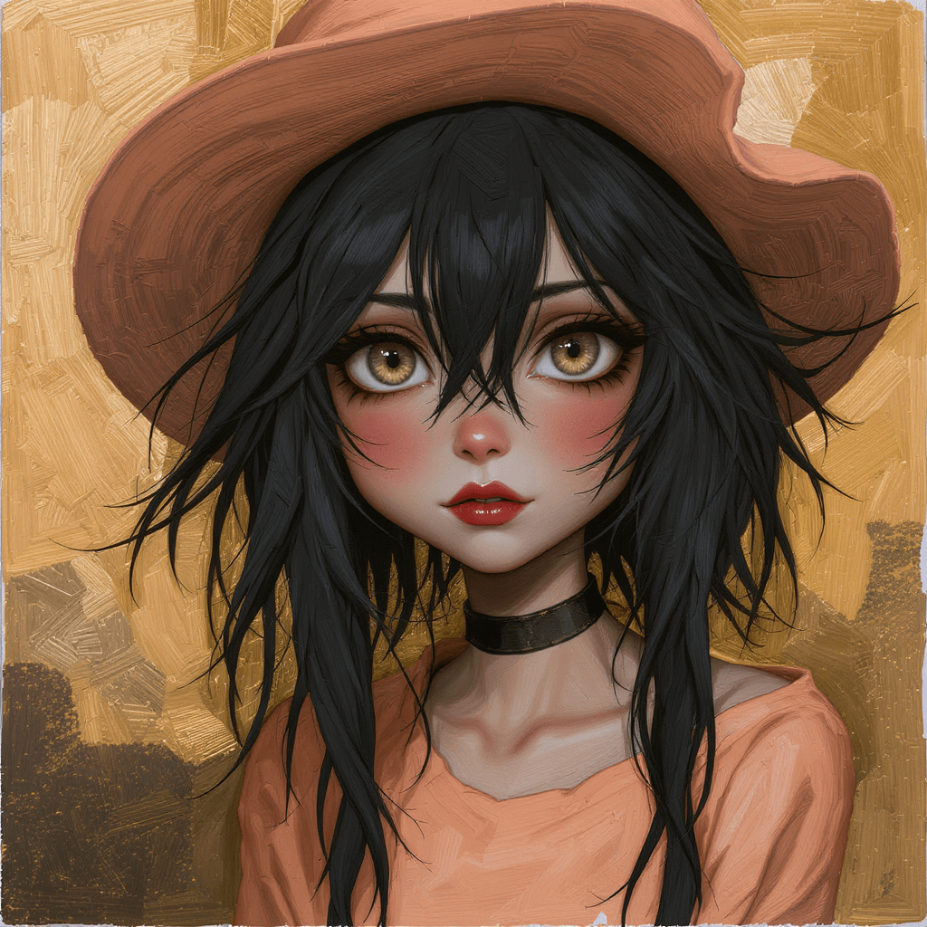 AI generated: textured painterly, of a whimsical black messy haired girl, hazel eyes, wearing a peach and bronze c...