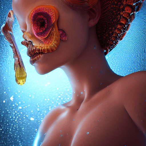 AI generated: nude goddess close-up portrait ribcagel. jellyfish phoenix head, nautilus, orchid, skull, betta fish...