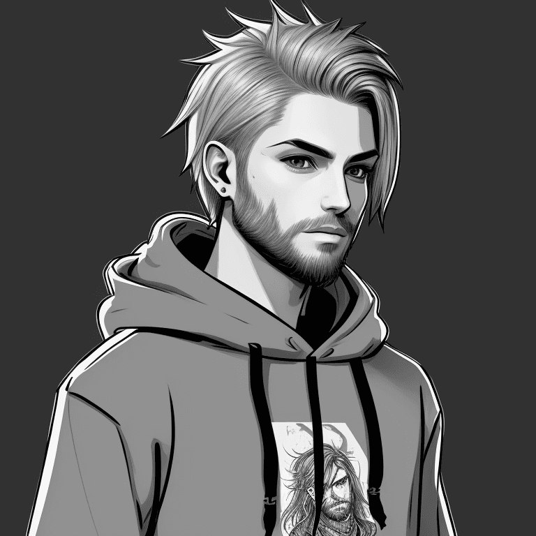 AI generated: Create intricate nvinkpunk style, sketch, of a male character, wearing Hoodie, small short beard, lo...