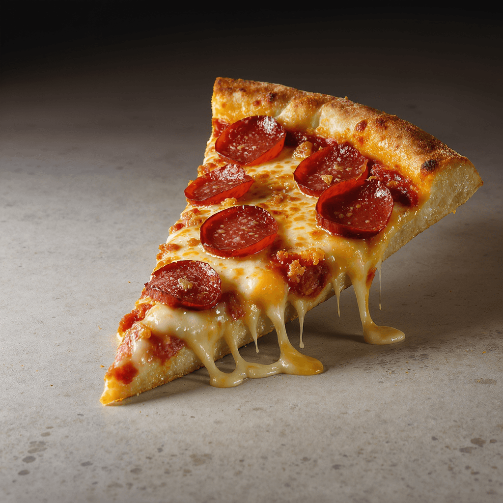 AI generated: A single slice of pepperoni pizza, photo-realistic and ultra-detailed. The slice is slightly bent, w...