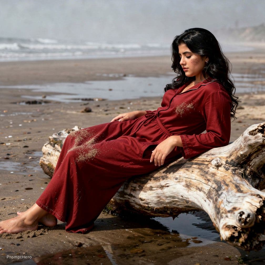 AI generated: A tall, sculpted young female with glossy black hair in soft waves rests on a gnarled driftwood log,...