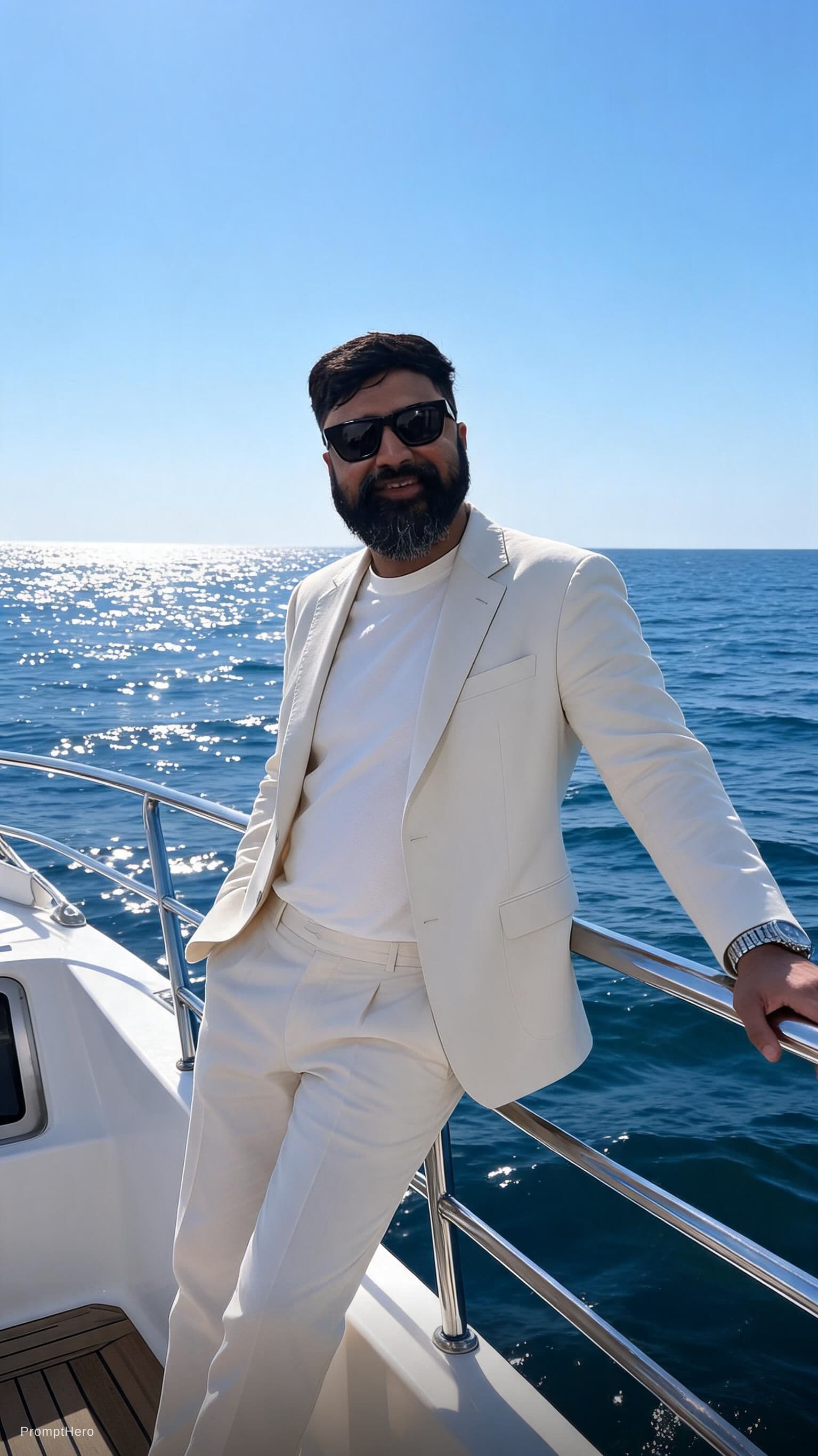AI generated: Create a high-end fashion image of a male model wearing a tailored summer suit with an open shirt. P...