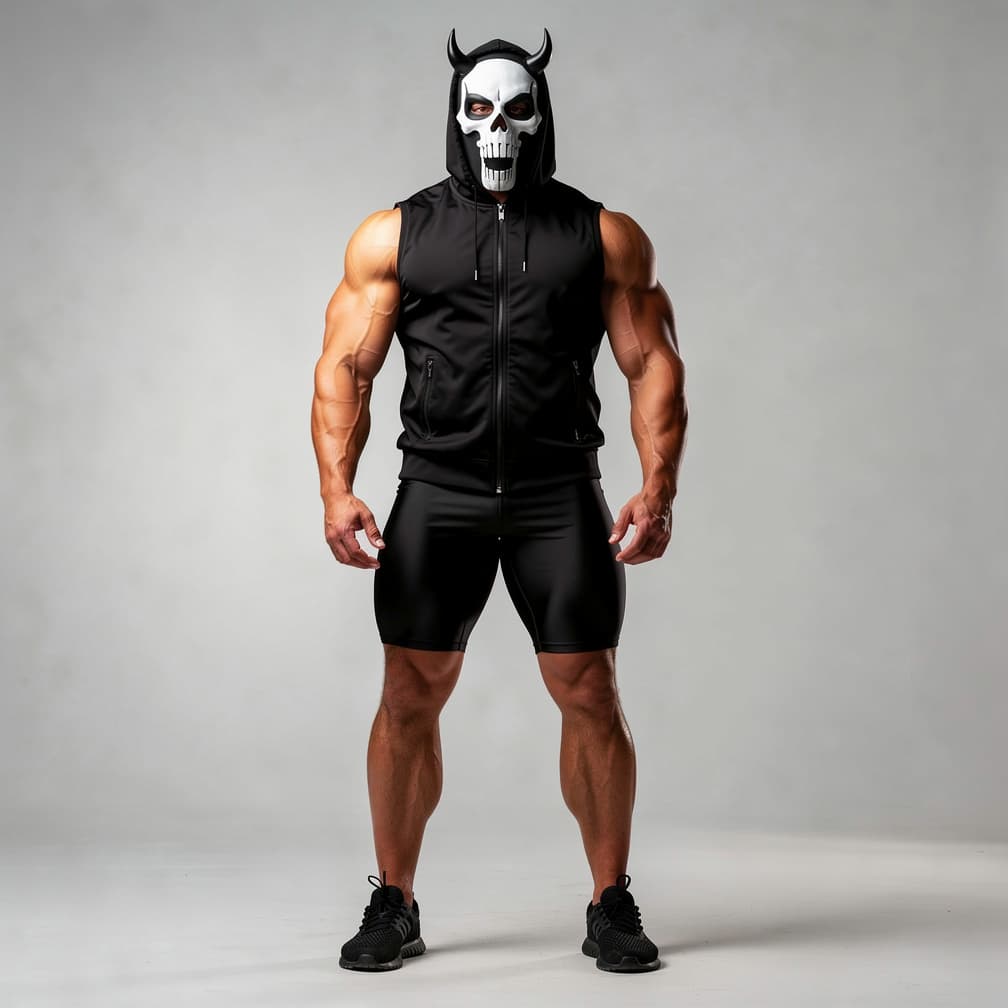 AI generated: A big muscular man wearing black short shorts and a black fully unzipped jacket with a hood plus a b...