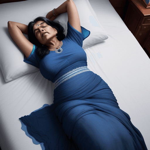 AI generated: 4K Photo of a sleeping Indian woman in her 50s (she dyes her hair black), in a blue gown, sleeping w...