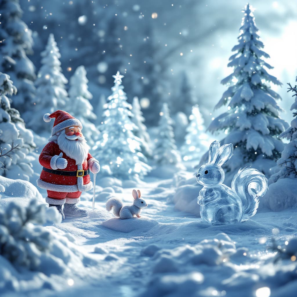 AI generated: 3D render of photorealistic image of ice city, ice fairy sculptures of Santa, snowman, Christmas tre...