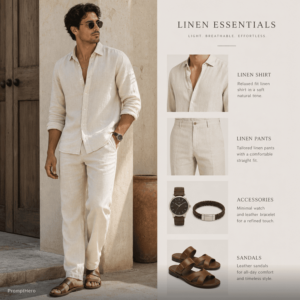 AI generated: Linen pants and shirts with smooth assesaries 