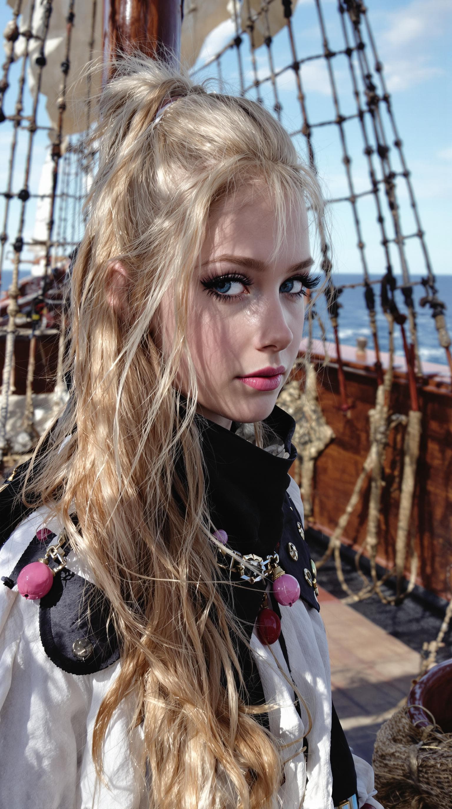 AI generated: a professional photo of a exceptionally beautiful girl aboard pirate ship at sea (age 11), (eleven y...