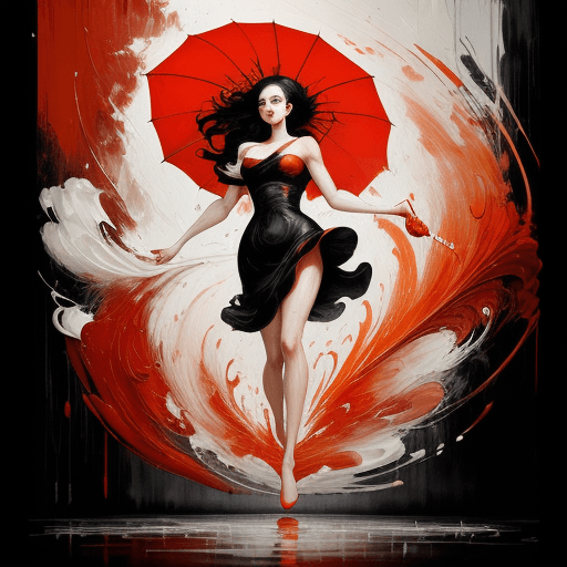 AI generated: a painting of a woman holding a red umbrella, in the style of fluid dynamic brushwork, textured canv...