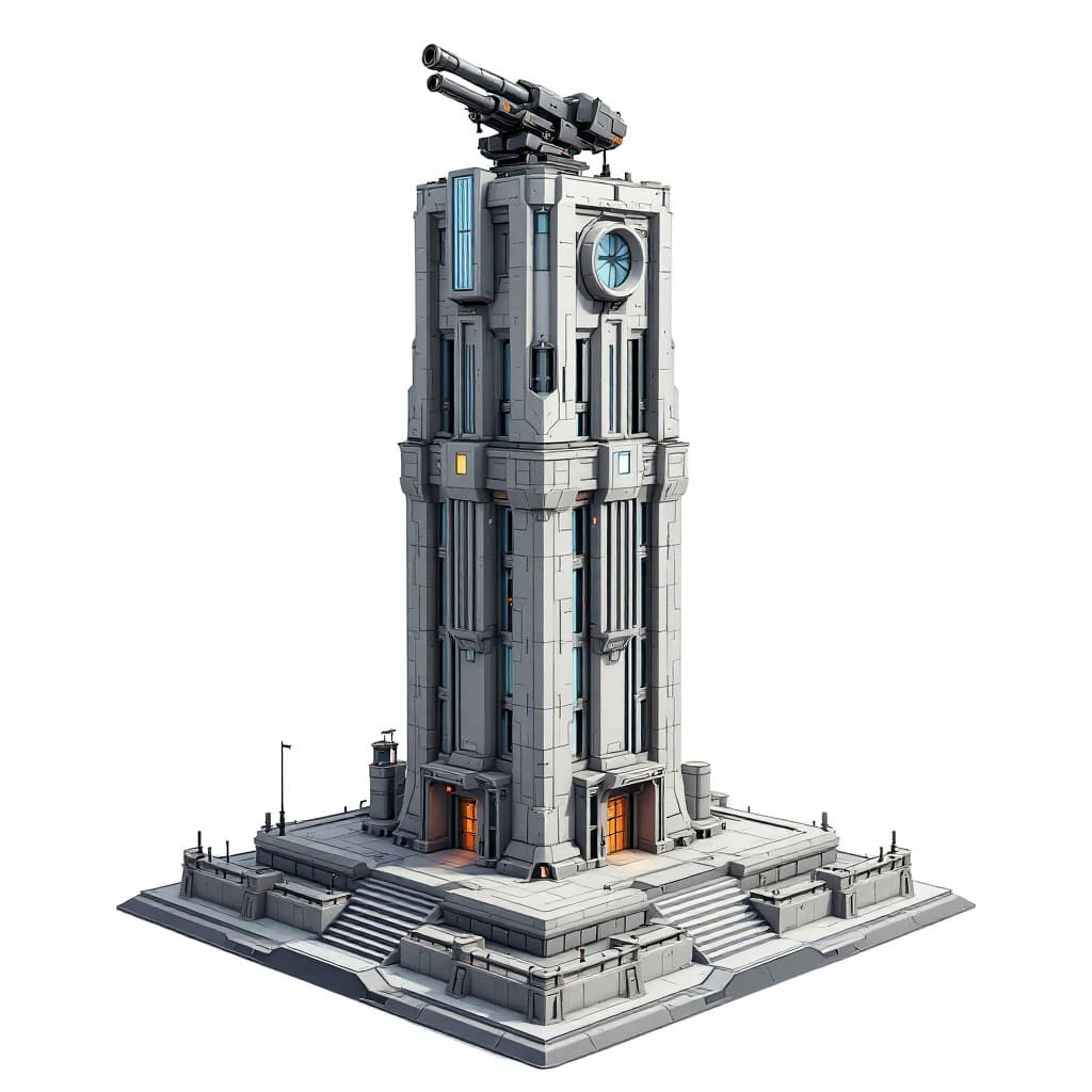 AI generated: Defence Tower,Grey and imposing 2D video game tower, with a cyber futuristic look and big cannon on ...