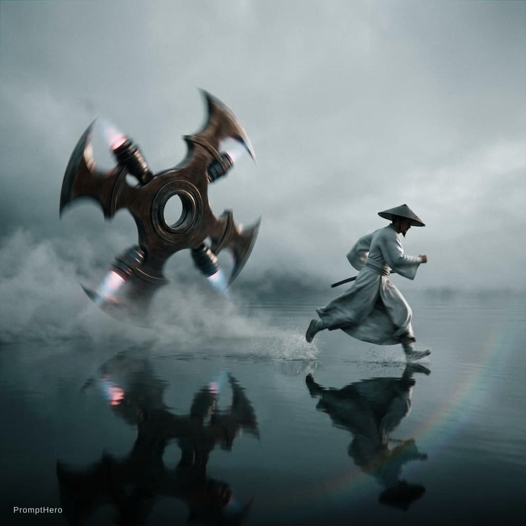 AI generated: A lone warrior in a white flowing robe and traditional 
conical Asian hat sprints desperately across...