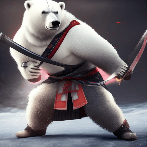 AI generated: photo of a samurai polar bear with a katana in his hands in a fighting stance, Cinematic, 35mm lens,...