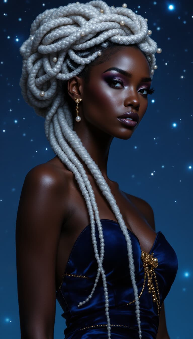 AI generated: "A radiant Black woman with deep ebony skin, her white hair braided into an elaborate crown-like upd...