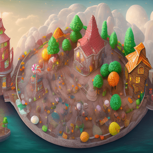 AI generated: blender render of a candy village circular diorama against a light background, dramatic lighting, in...