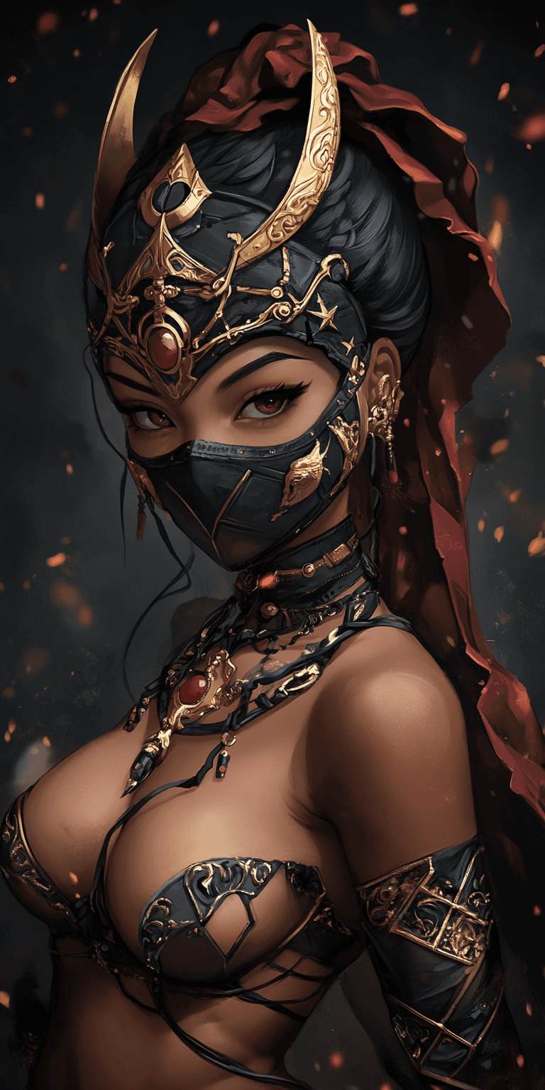 AI generated: A mysterious female warrior stands confidently, adorned in intricate armor with gold detailing. She ...