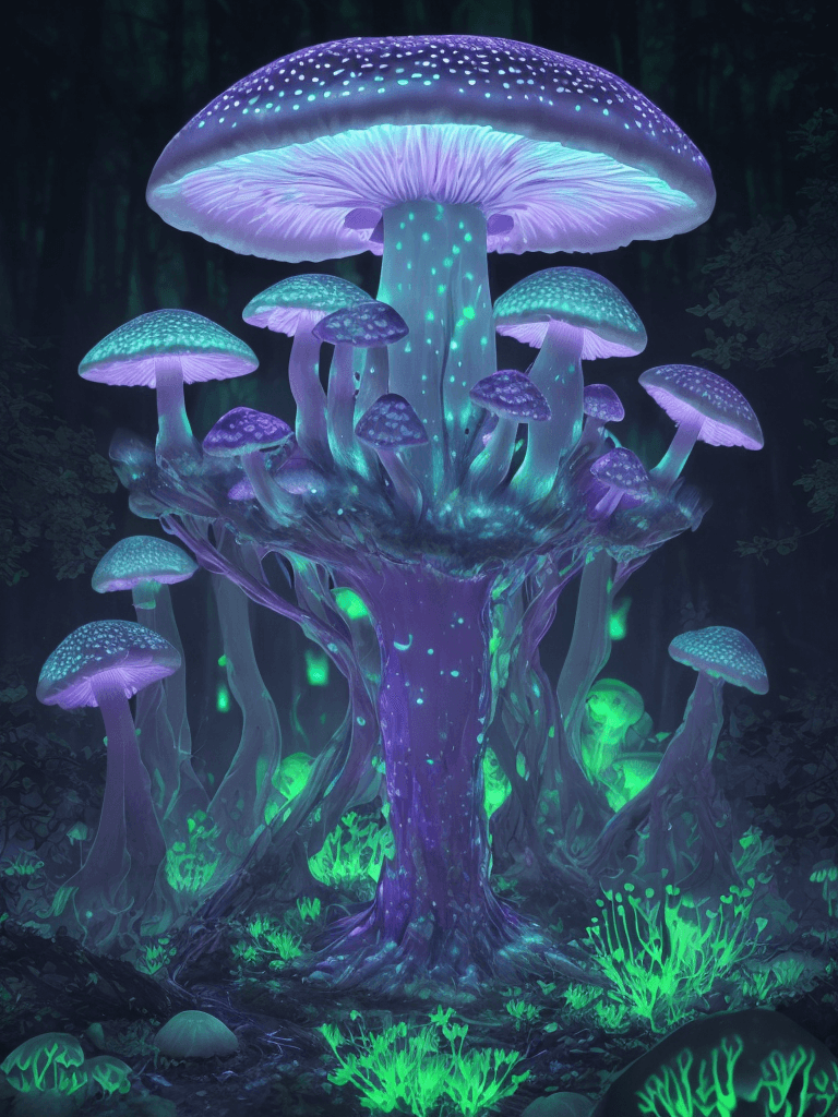 AI generated: neon glowing bioluminescent soft skinned mushroom with luminous forest backdrop, incredible detail, ...