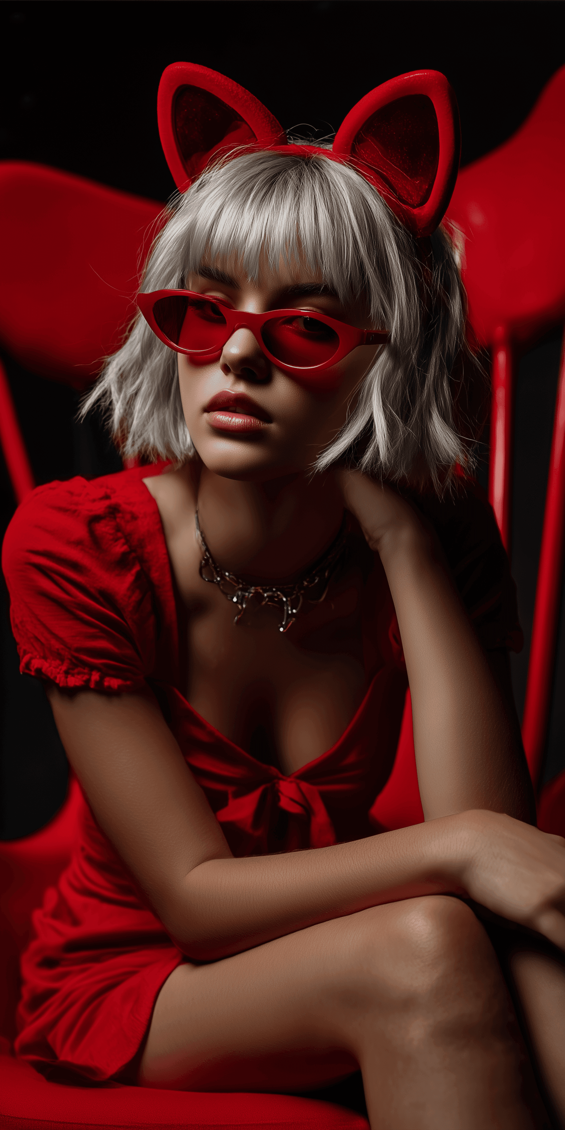 AI generated: he subject commands attention in a monochromatic red palette, where every element—from the structure...