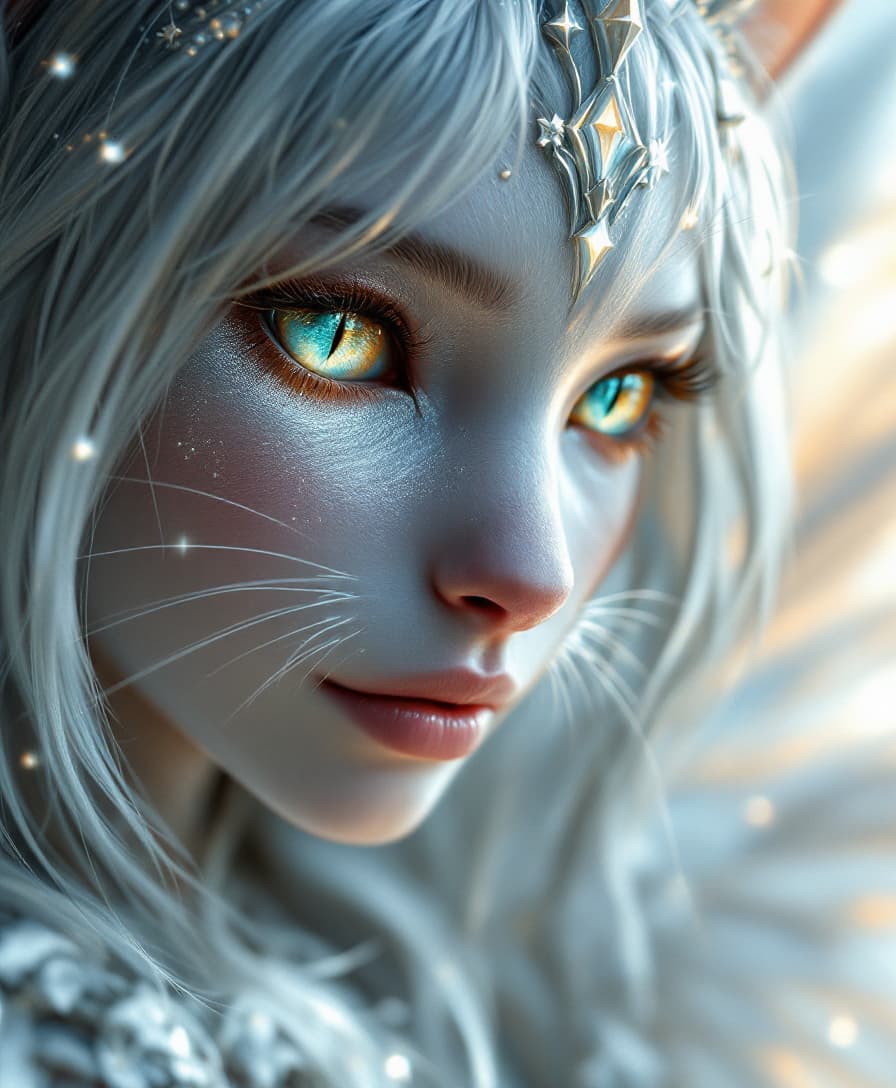 AI generated: prompt
 A stunningly beautiful cat-girl fairy with silver fur and slanted vertical slit pupils in he...