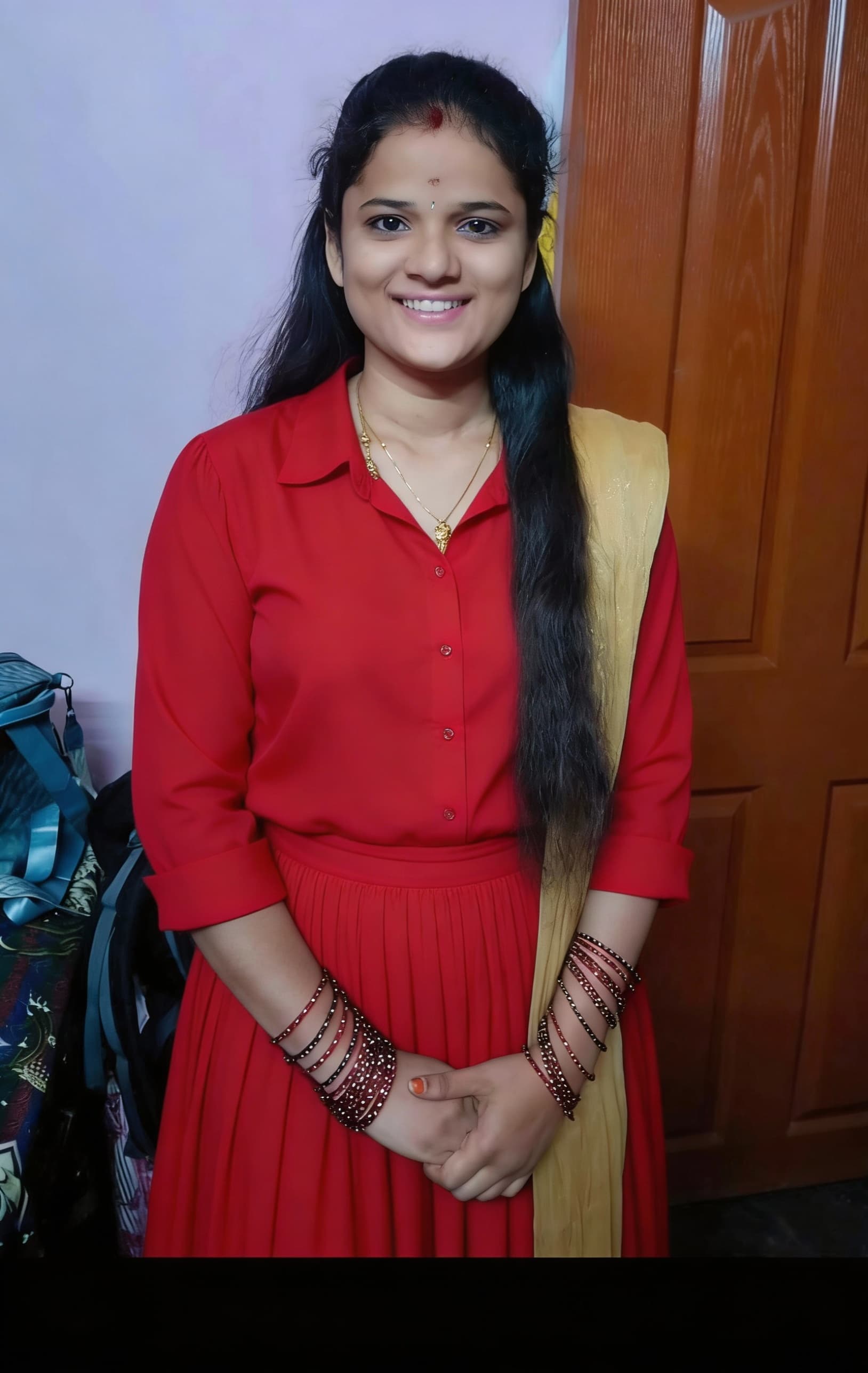 AI generated: Wearing red blouse and Skirt