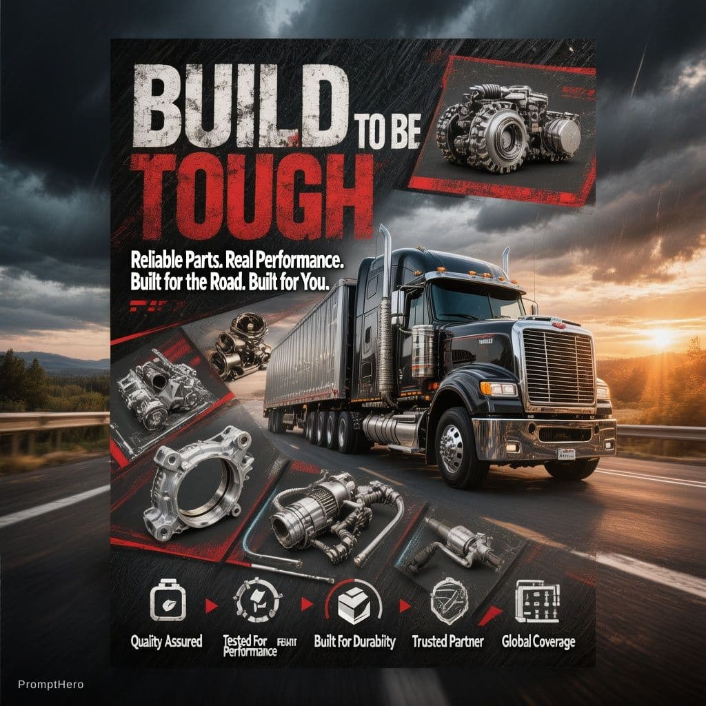AI generated: Premium industrial advertising poster design for a heavy-duty truck parts brand, cinematic commercia...