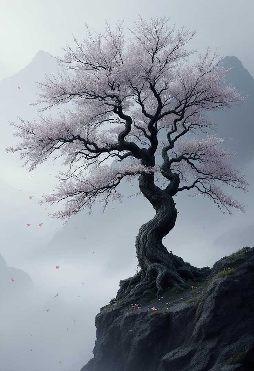 AI generated: A lone, ancient tree standing on a dark rocky cliff, its bark deep charcoal, twisted and textured wi...