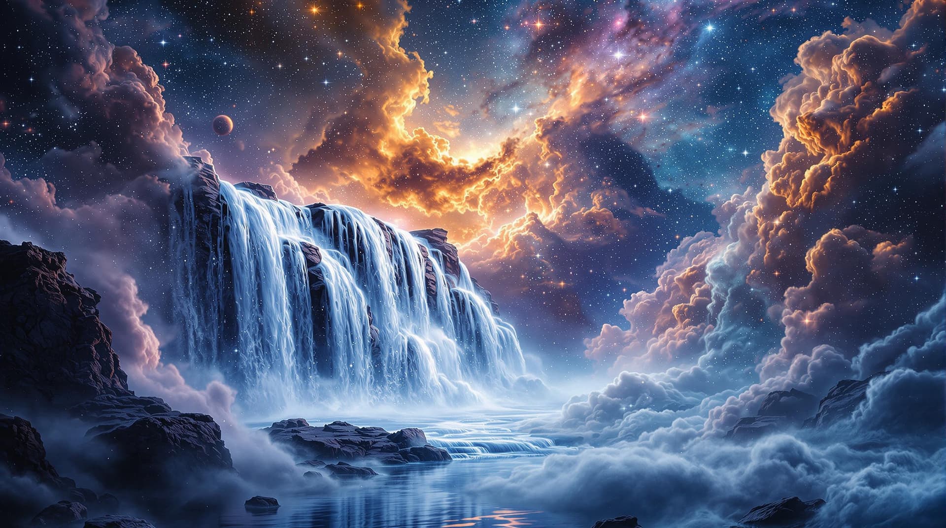 AI generated:    a waterfall landscape   in a close up view, made with nebulas the gaz,stars ,stars cluster, cloud...