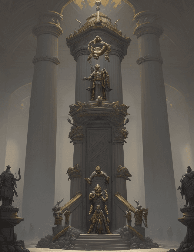 AI generated: fantasy dwarf hall, high grey stone columns, tall gold statue of dwarf king by Greg Rutkowski, oil p...