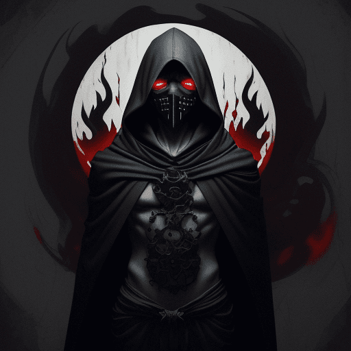AI generated: Vessel from Sleep Token, he wears a white mask with 6 eyeholes, the jaw has been broken off and drip...