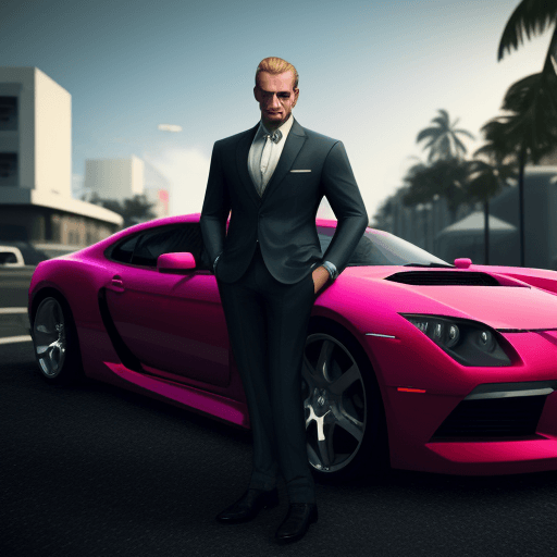 AI generated: A man in a cool suit taking photos with his car in gta6 style, hd , portre , 4k , colored ,miami, si...