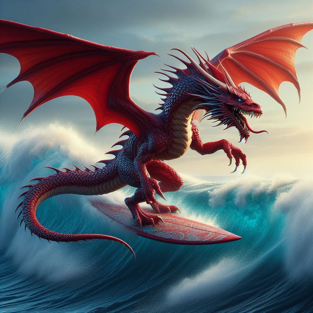 AI generated: big red dragon surfing waves realistic
